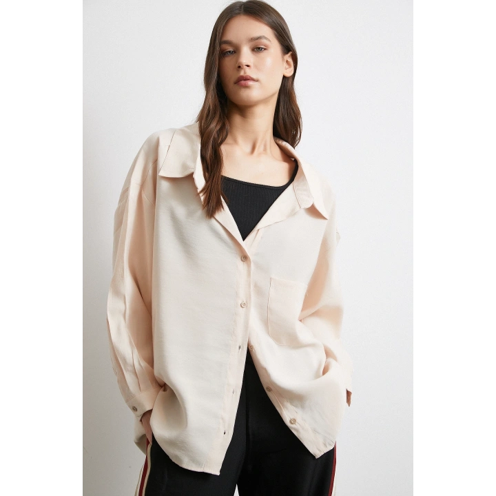 Oversize Cepli Modal Gömlek Bej