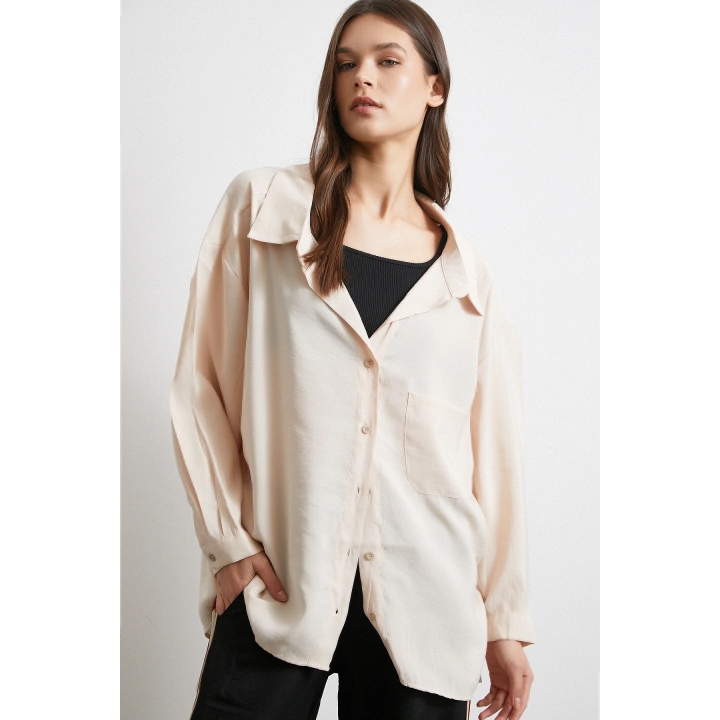 Oversize Cepli Modal Gömlek Bej