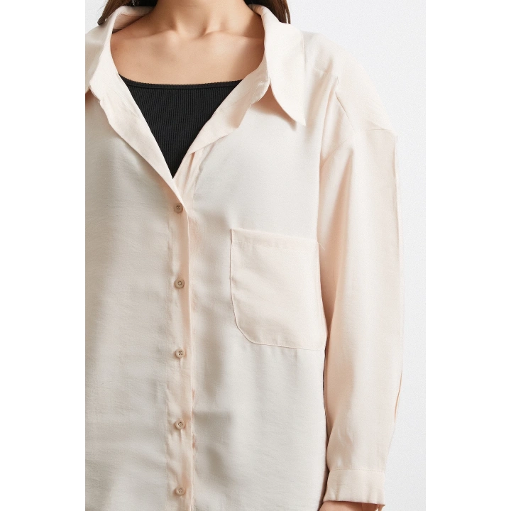 Oversize Cepli Modal Gömlek Bej