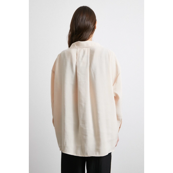 Oversize Cepli Modal Gömlek Bej
