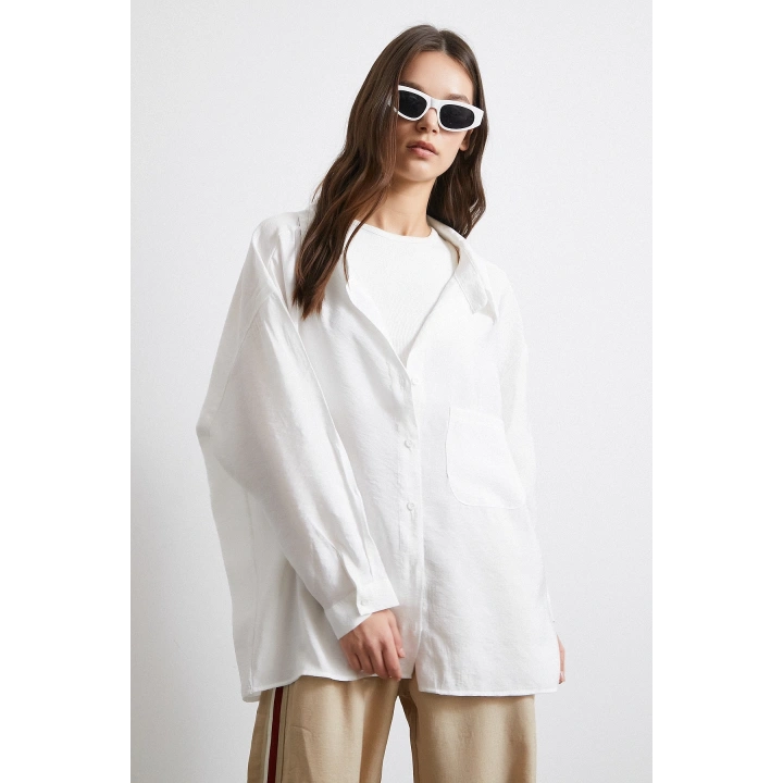 Oversize Cepli Modal Gömlek Beyaz