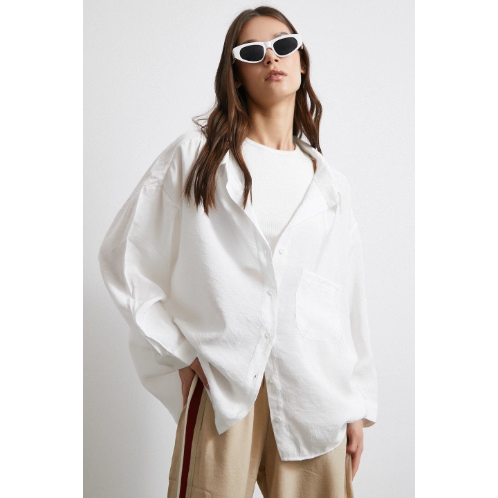 Oversize Cepli Modal Gömlek Beyaz