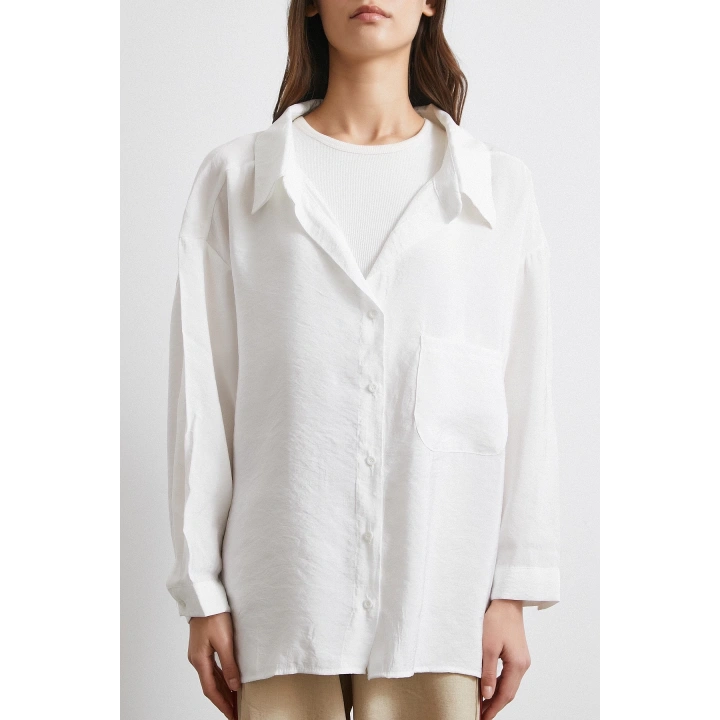 Oversize Cepli Modal Gömlek Beyaz