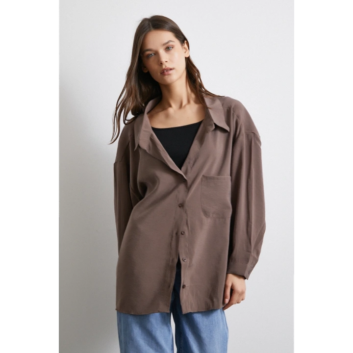 Oversize Cepli Modal Gömlek Kahve