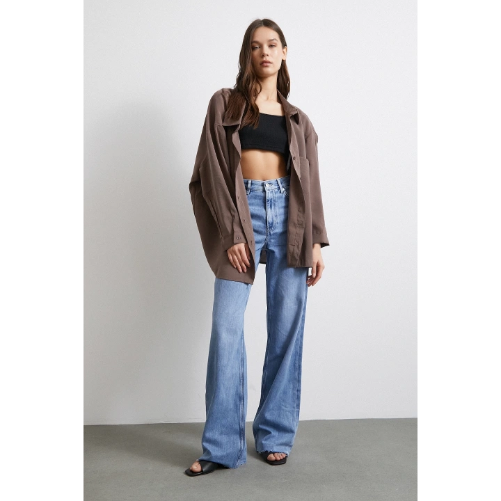 Oversize Cepli Modal Gömlek Kahve