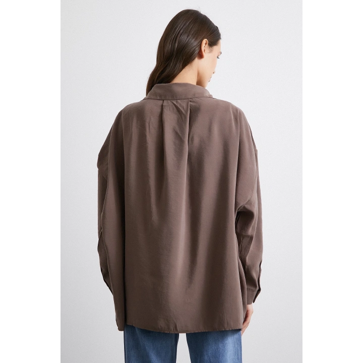 Oversize Cepli Modal Gömlek Kahve