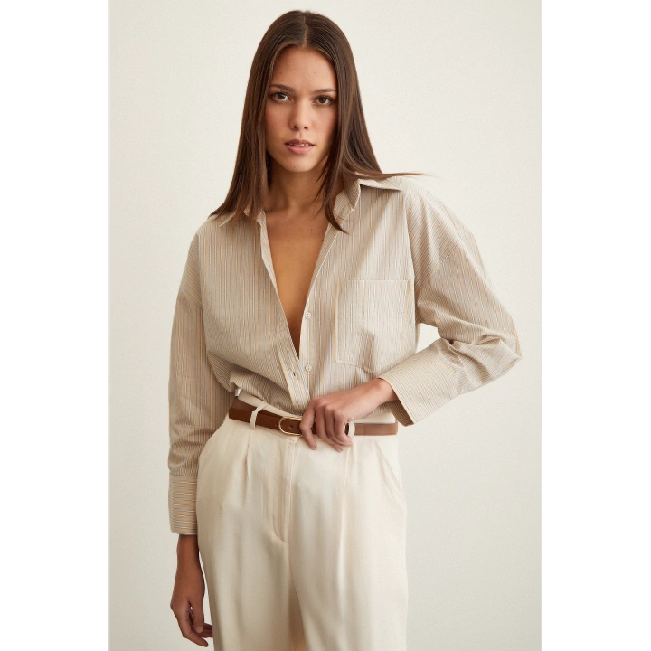 Oversize Çizgili Gömlek Bej