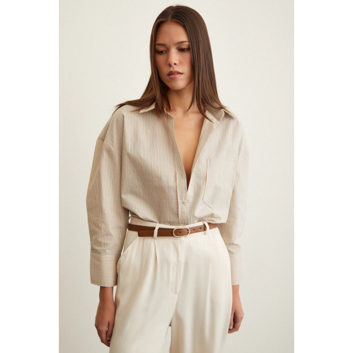 Oversize Çizgili Gömlek Bej
