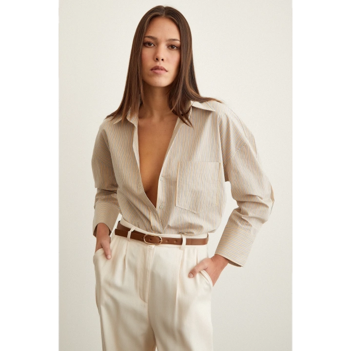 Oversize Çizgili Gömlek Bej