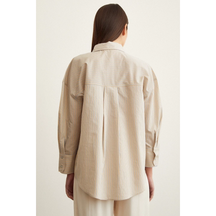 Oversize Çizgili Gömlek Bej