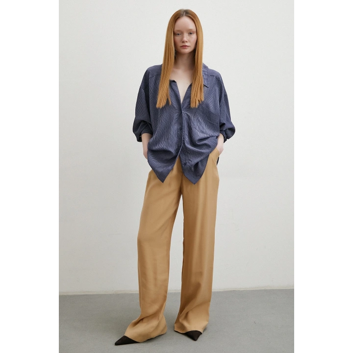 Oversize İnce Çizgili Gömlek Lacivert