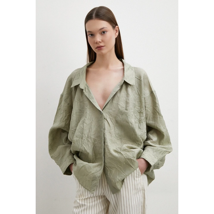 Oversize Kraşlı Gömlek Haki