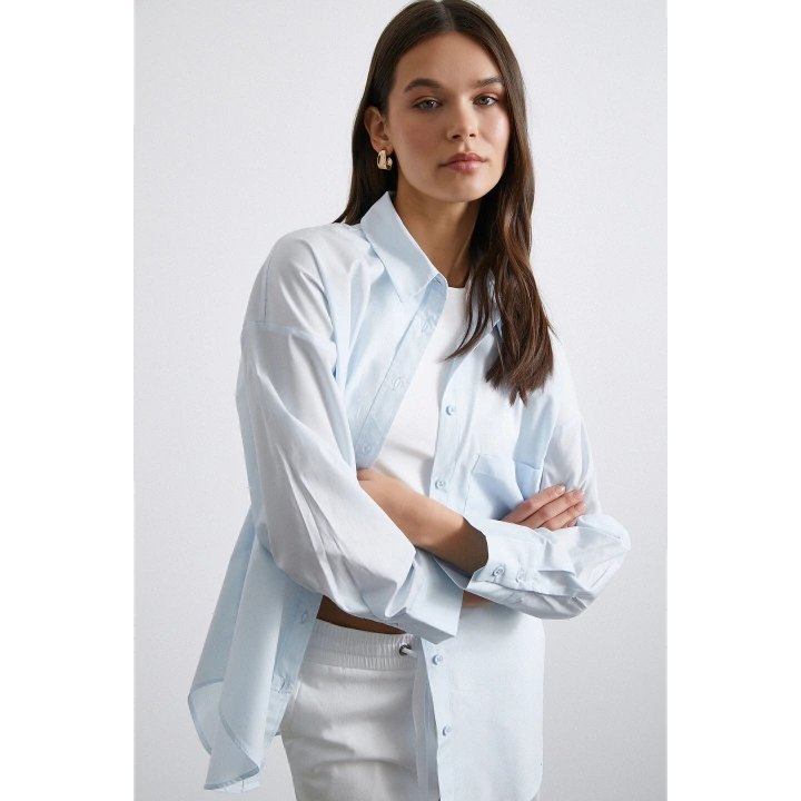 Oversize Pamuklu Gömlek Açık Mavi