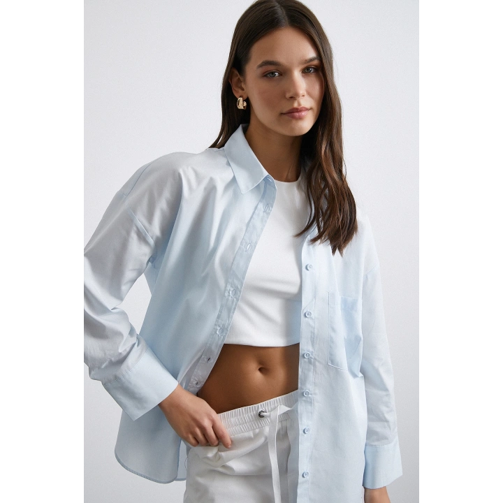 Oversize Pamuklu Gömlek Açık Mavi