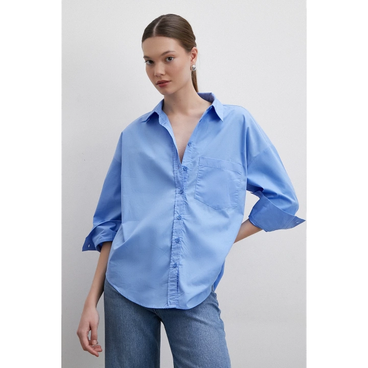 Oversize Pamuklu Gömlek Mavi