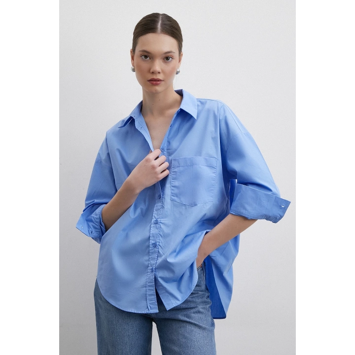 Oversize Pamuklu Gömlek Mavi