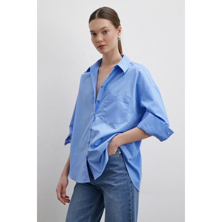 Oversize Pamuklu Gömlek Mavi
