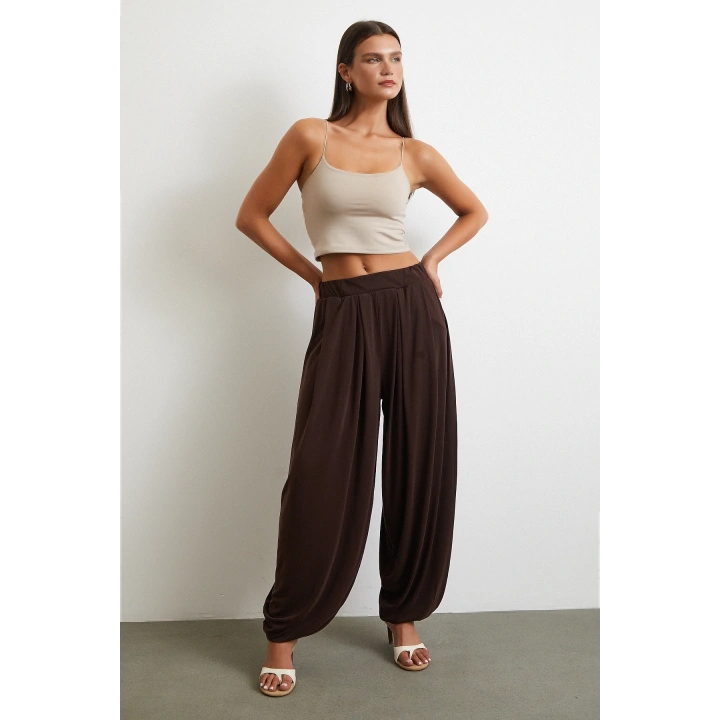 Paça Detaylı Şalvar Pantolon Kahve