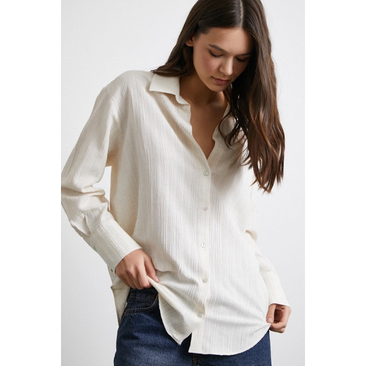 Pamuk Dokulu Çizgili Gömlek Krem