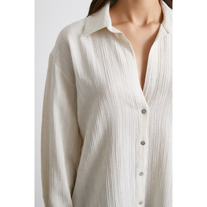 Pamuk Dokulu Çizgili Gömlek Krem