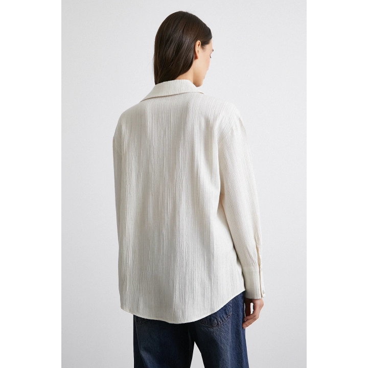 Pamuk Dokulu Çizgili Gömlek Krem