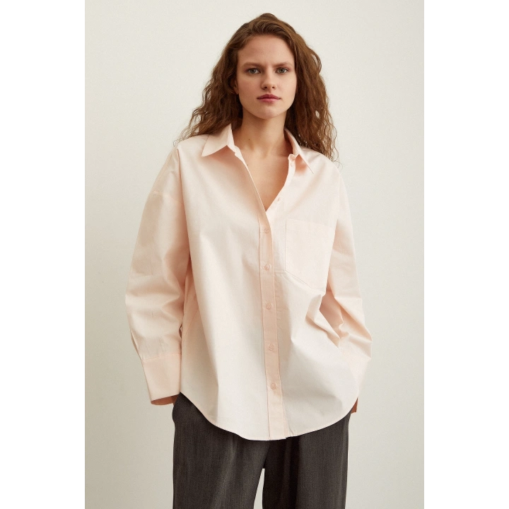 Pamuk Dokulu Poplin Gömlek Pudra
