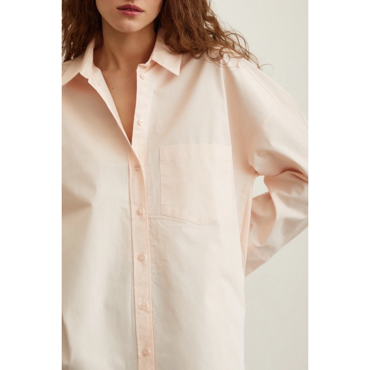 Pamuk Dokulu Poplin Gömlek Pudra