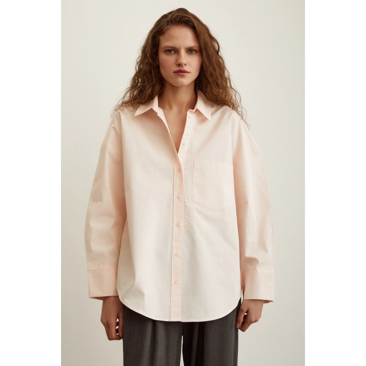 Pamuk Dokulu Poplin Gömlek Pudra