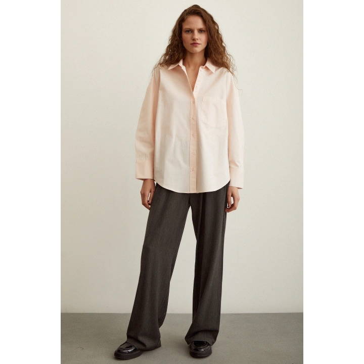 Pamuk Dokulu Poplin Gömlek Pudra