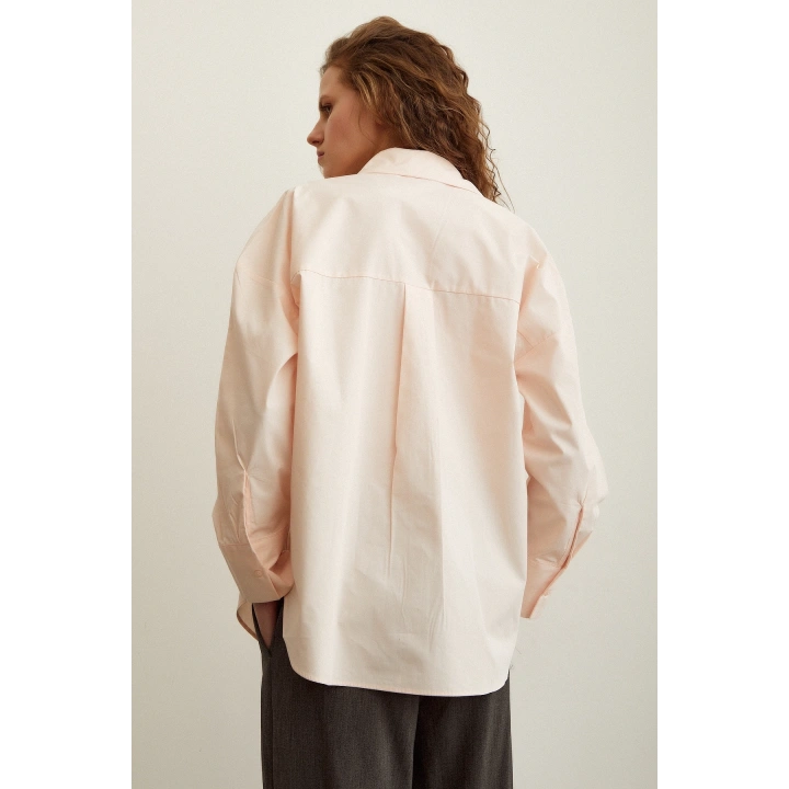 Pamuk Dokulu Poplin Gömlek Pudra