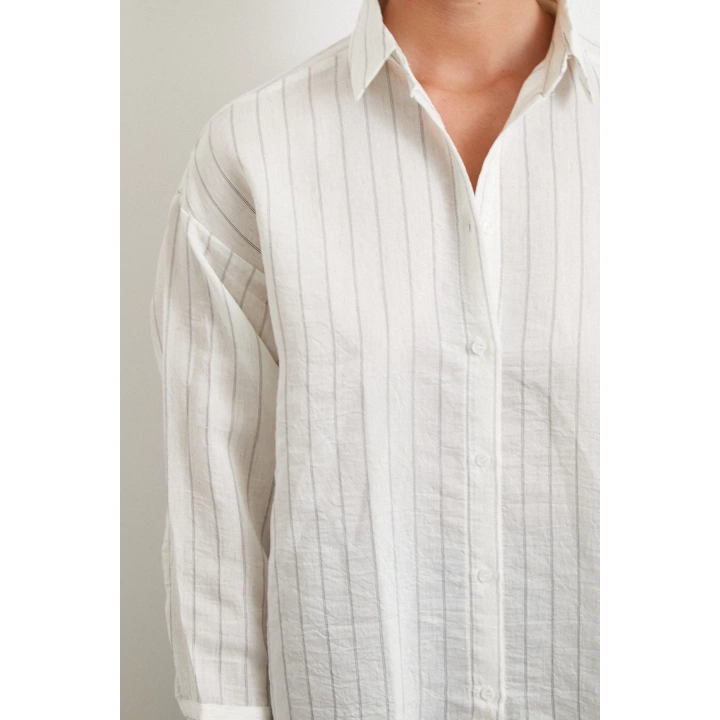 Pamuklu Çizgili Gömlek Beyaz