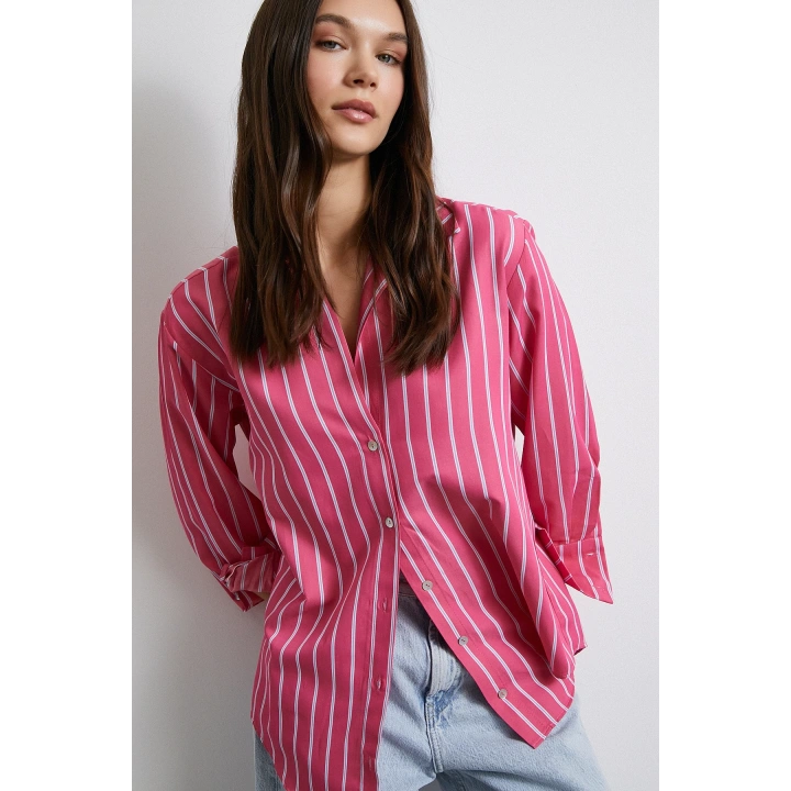 Pamuklu Çizgili Gömlek Pembe