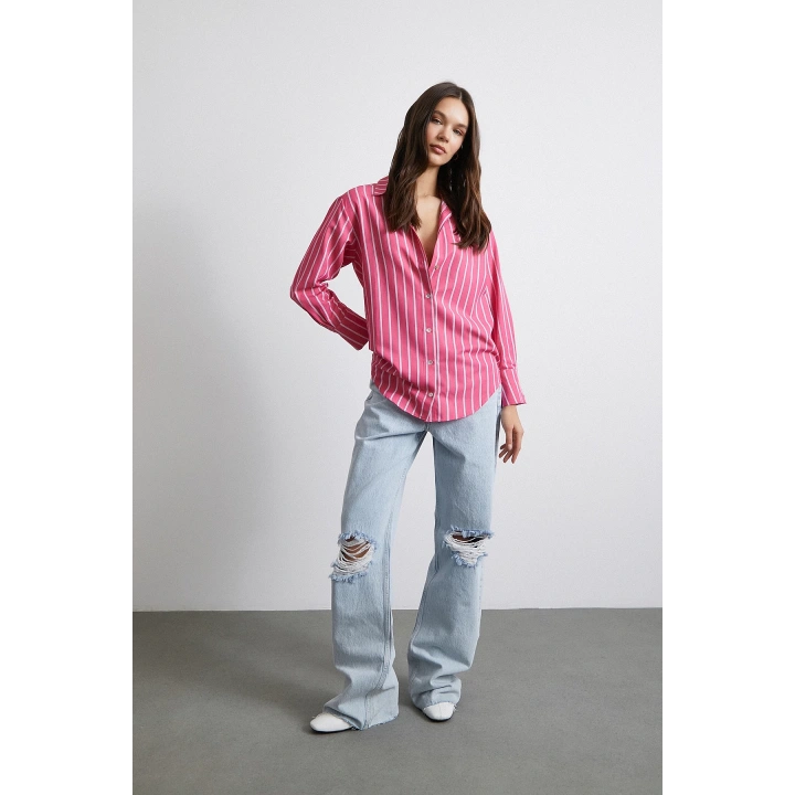 Pamuklu Çizgili Gömlek Pembe