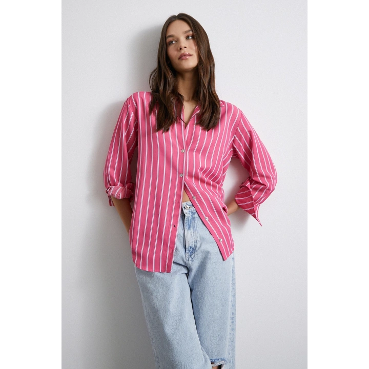 Pamuklu Çizgili Gömlek Pembe