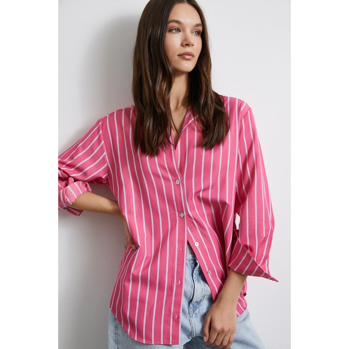 Pamuklu Çizgili Gömlek Pembe