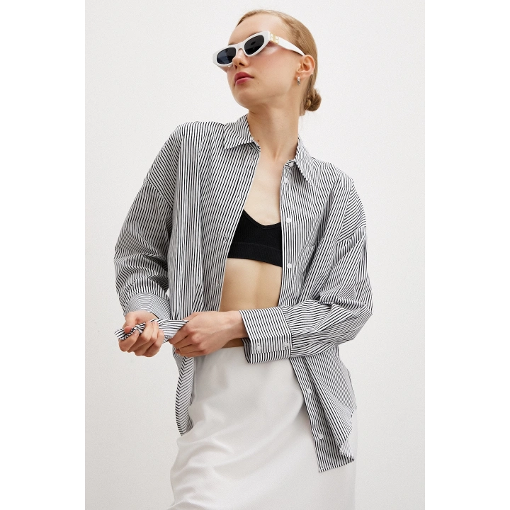 Pamuklu Çizgili Gömlek Siyah