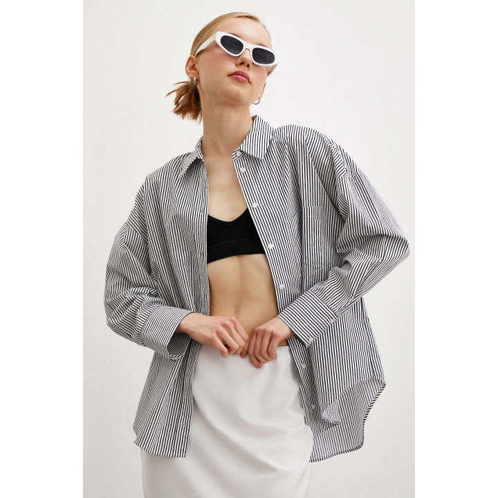 Pamuklu Çizgili Gömlek Siyah