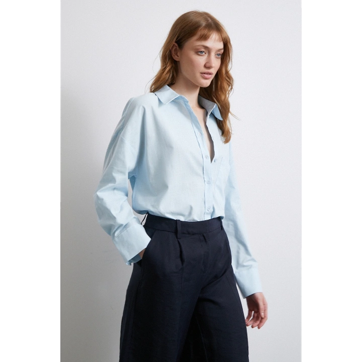 Pamuklu Oversize Gömlek Mavi