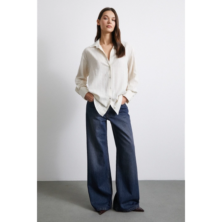 Pamuklu Simli Çizgili Gömlek Krem