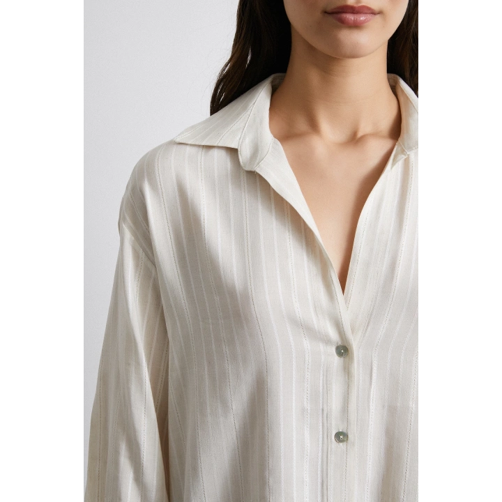 Pamuklu Simli Çizgili Gömlek Krem