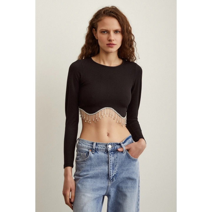 Parlak Taşlı Crop Siyah