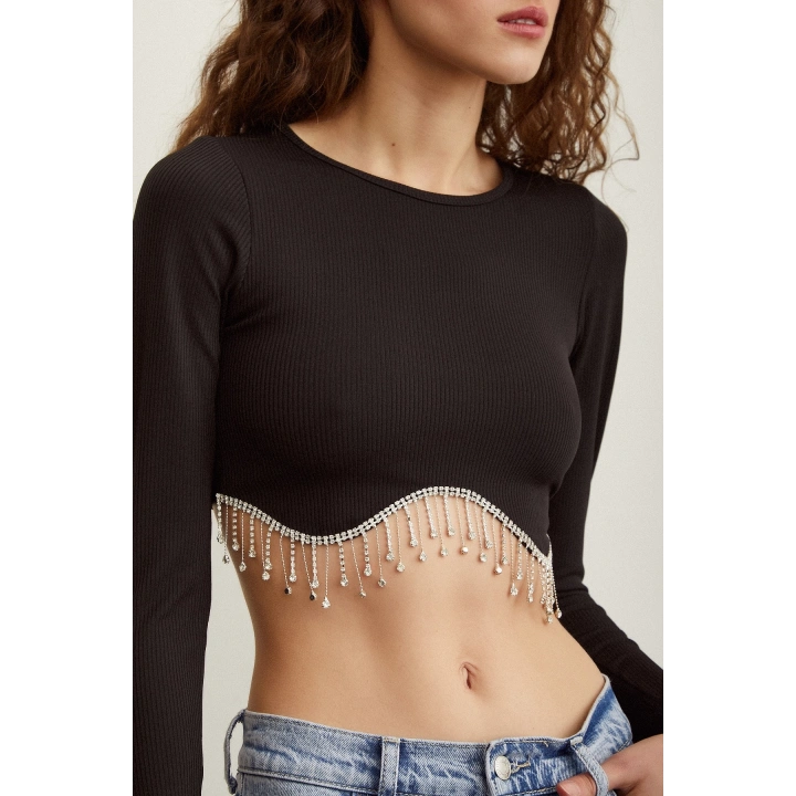 Parlak Taşlı Crop Siyah