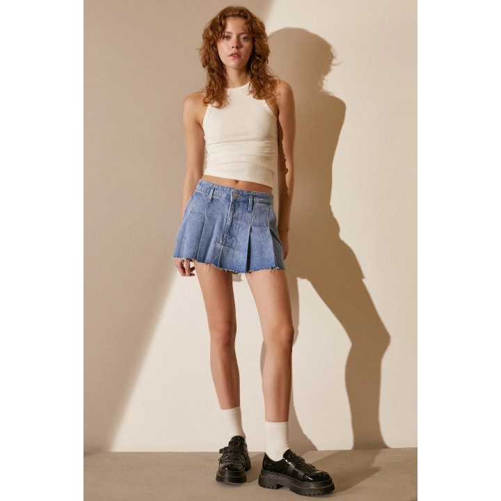 Pileli Jean Mini Etek Mavi
