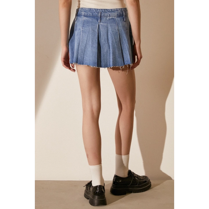 Pileli Jean Mini Etek Mavi