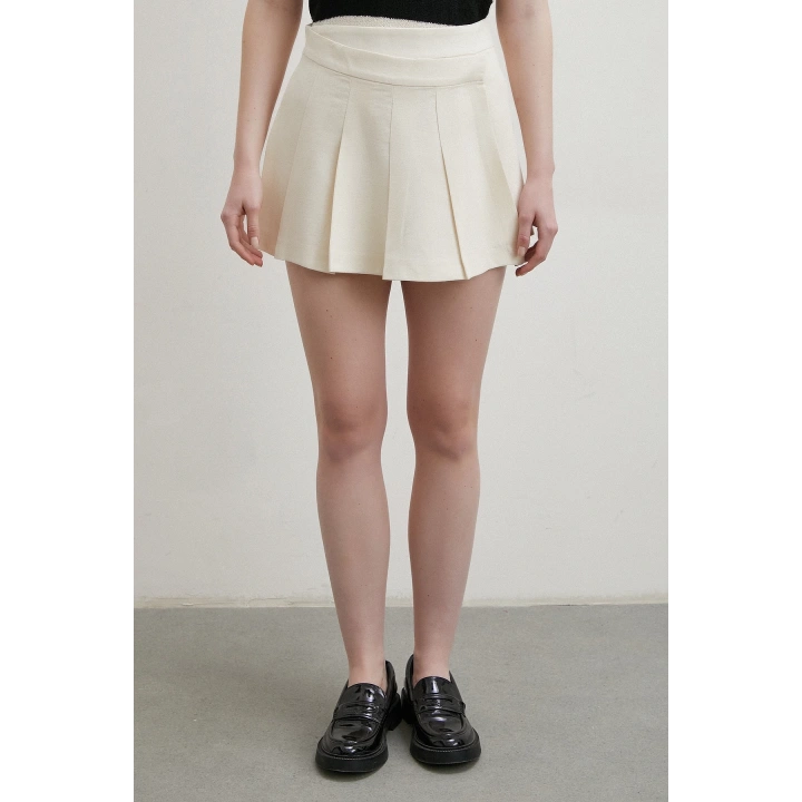 Pileli Şort Etek Ekru