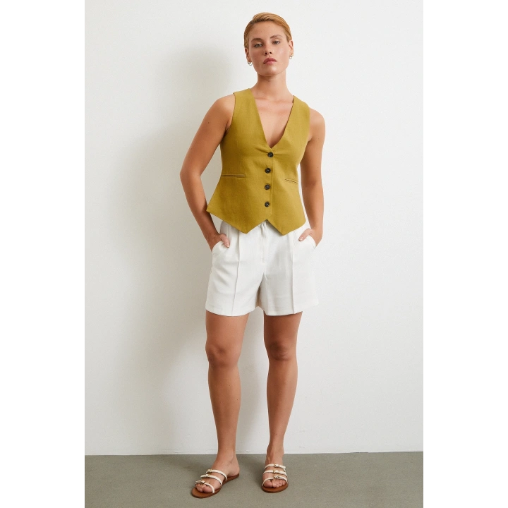 Piliseli Cepli Şort Ekru