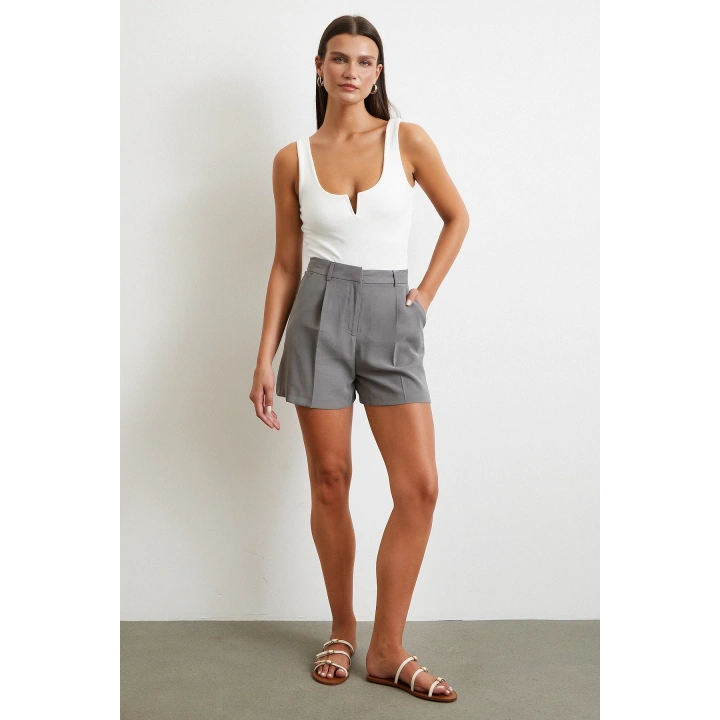 Piliseli Cepli Şort Gri