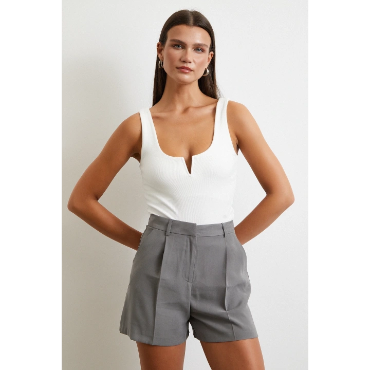 Piliseli Cepli Şort Gri