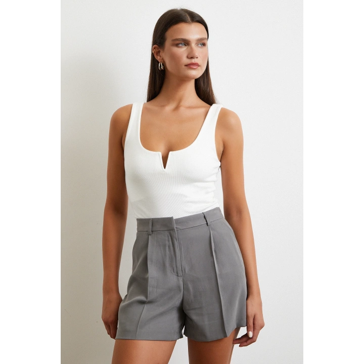 Piliseli Cepli Şort Gri