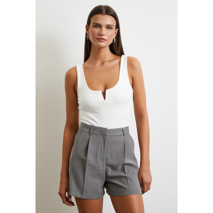 Piliseli Cepli Şort Gri